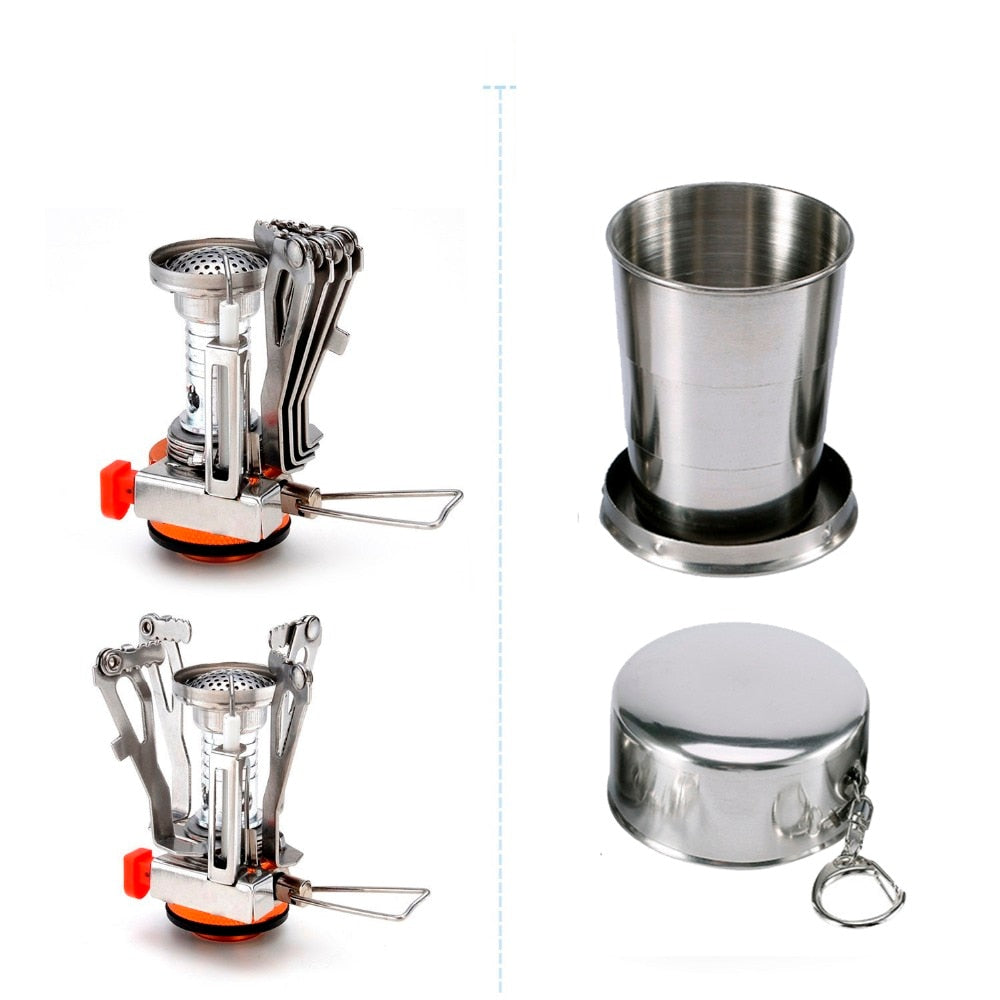 1Set Camping Pot Cookware Sets Mini Gas Stove With Stand Fork Spoon Knife Utensils Outdoor Tableware Dinner Picnic Tableware