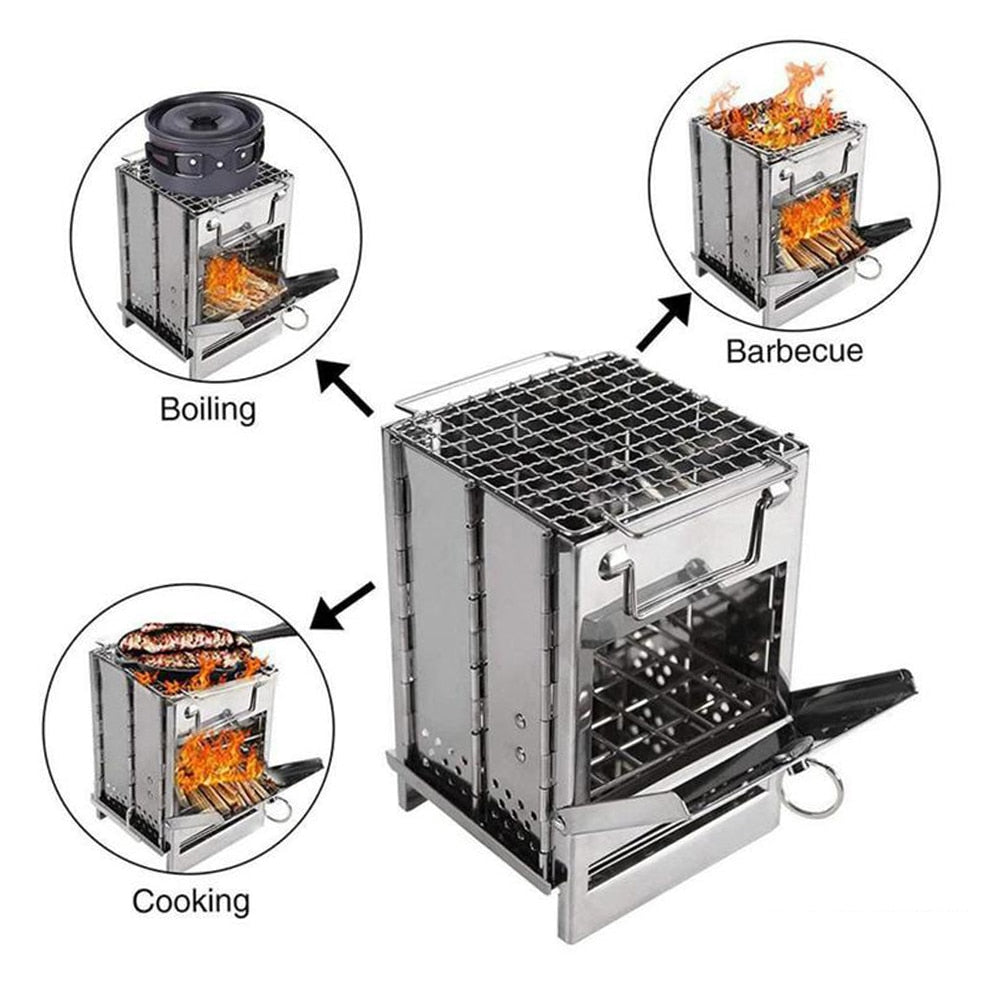 Camping Wood Stove Stainless Steel Foldable Mini Charcoal Grill Outdoor Stove Barbecue Grill For Camping Garden Outdoor Picnic