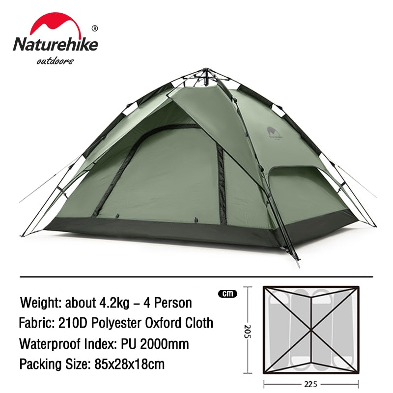 Naturehike 3-4 Person Tent Ultralight Waterproof Automatic Tent Portable 3 Season Backpacking Tent Outdoor Hiking Camping Tent