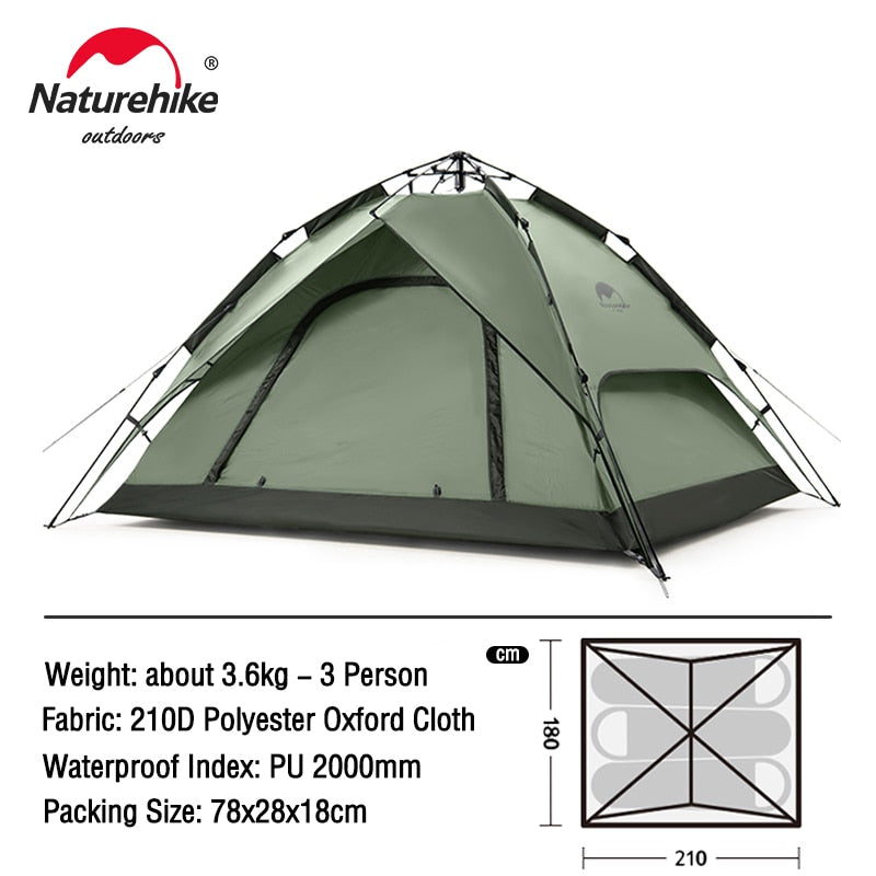 Naturehike 3-4 Person Tent Ultralight Waterproof Automatic Tent Portable 3 Season Backpacking Tent Outdoor Hiking Camping Tent