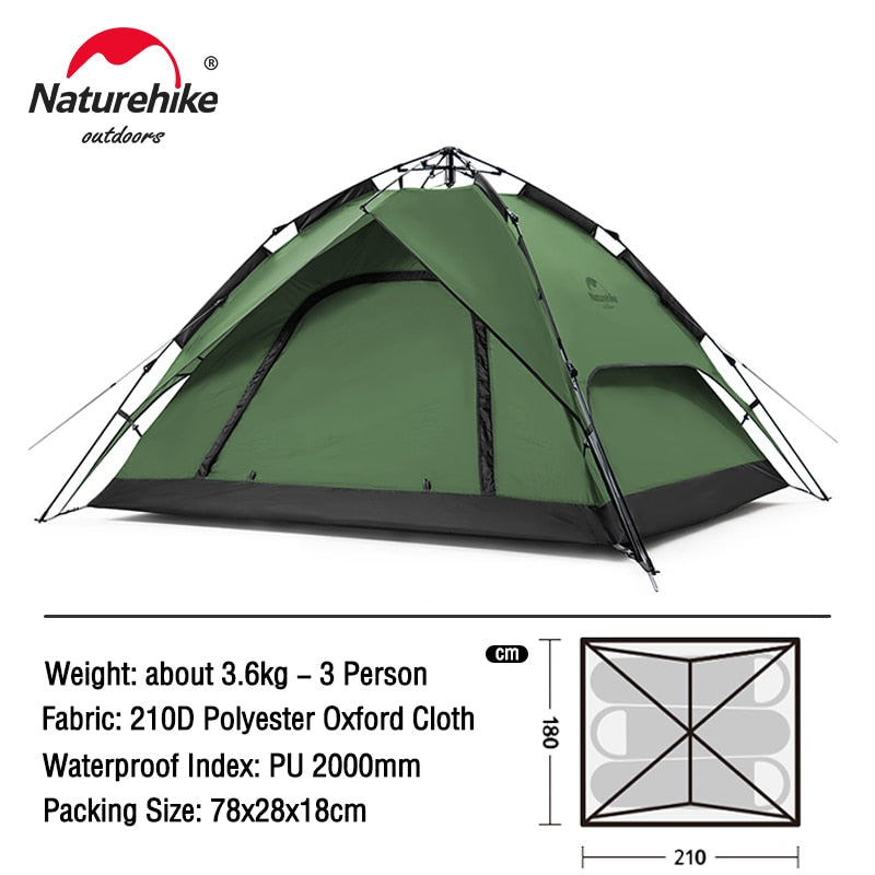 Naturehike 3-4 Person Tent Ultralight Waterproof Automatic Tent Portable 3 Season Backpacking Tent Outdoor Hiking Camping Tent
