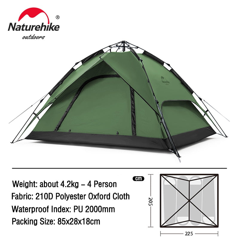 Naturehike 3-4 Person Tent Ultralight Waterproof Automatic Tent Portable 3 Season Backpacking Tent Outdoor Hiking Camping Tent