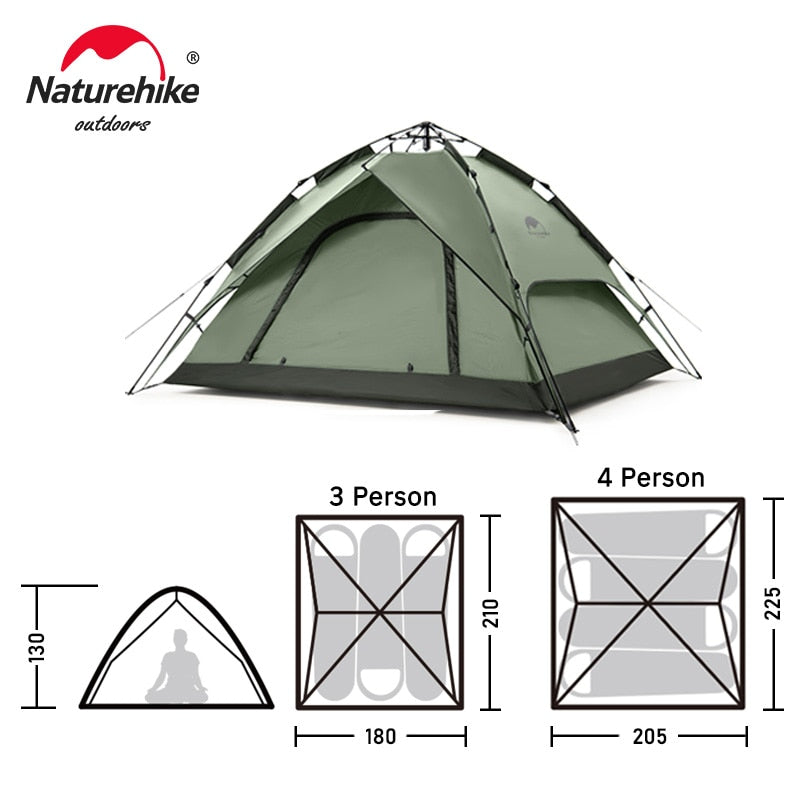Naturehike 3-4 Person Tent Ultralight Waterproof Automatic Tent Portable 3 Season Backpacking Tent Outdoor Hiking Camping Tent